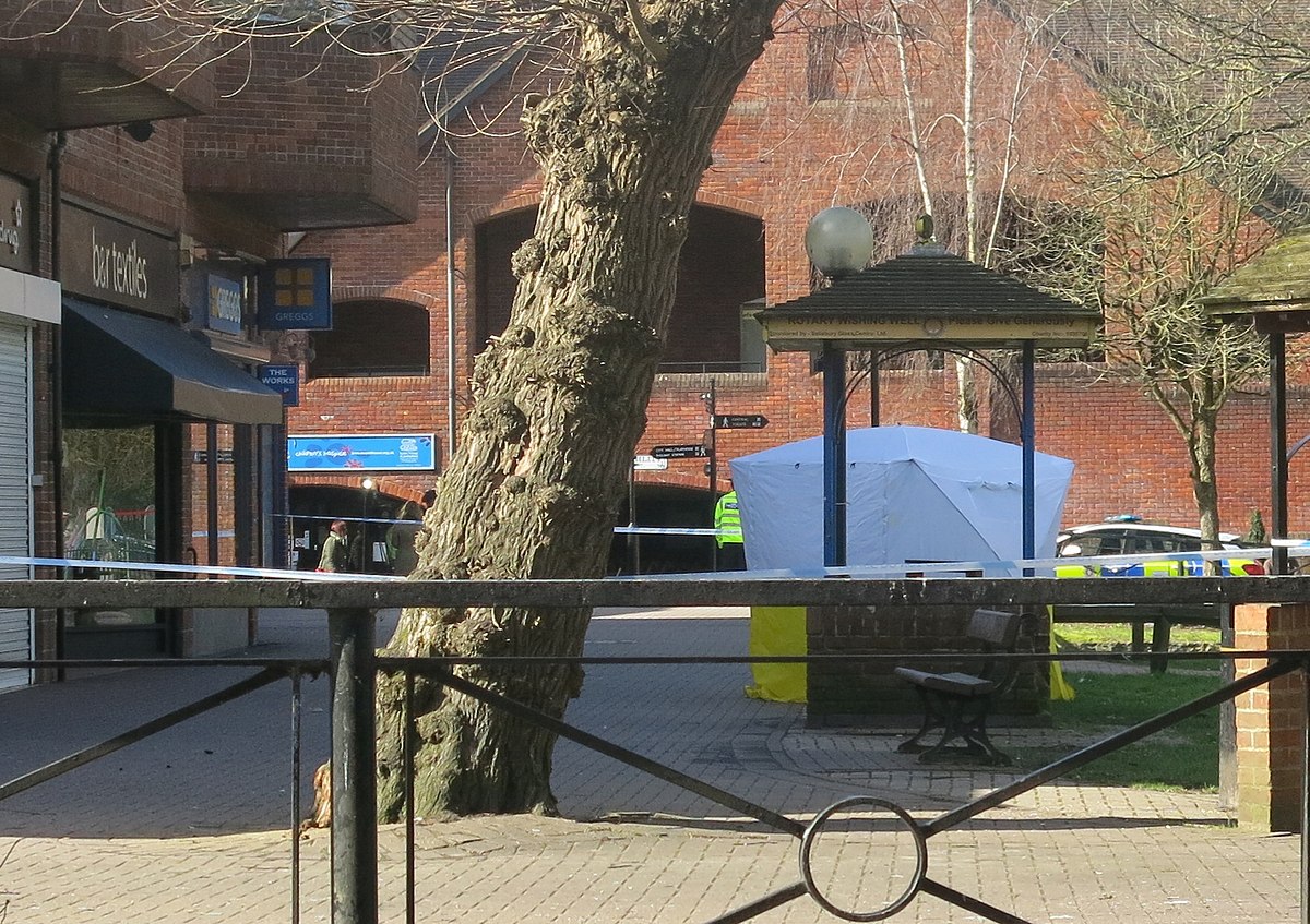 A forensic tent over the bench where Yulia and Sergei was found unconscious.