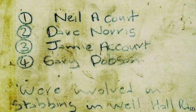 A note given to the police, listing Neil & Jamie Acourt, David Norris and Gary Dobson with the text "Were involved in the stabbing in Well Hall Road"