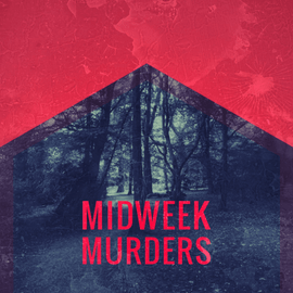 Midweek Murders logo, with a forest background.